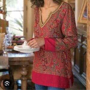 Soft Surroundings Vibrant Red and Gold Paisley Tunic size M